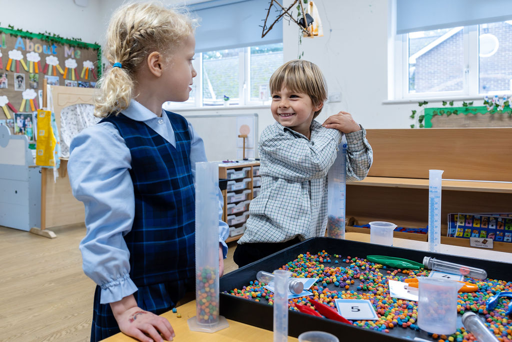 Two Horris Hill Reception pupils in the Reception classroom